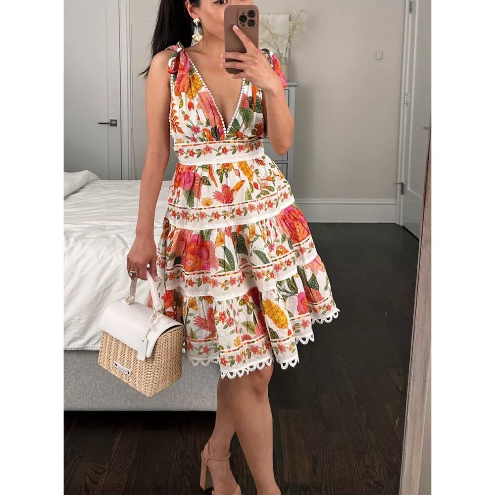 Farm Rio Dress Small Macaw Bloom Tiered Mini Sundress Crochet Boho Tropical - Picture 5 of 16